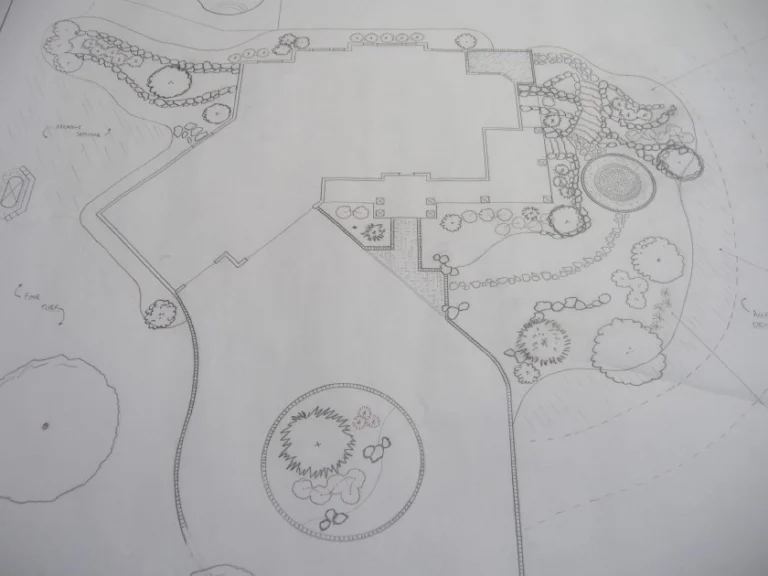 A black and while drawing of a landscape design.