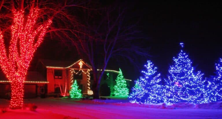 A night view of the front of a home with its trees lit with blue, green, and red lights.