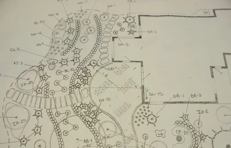 A black and white drawing of a landscape design.