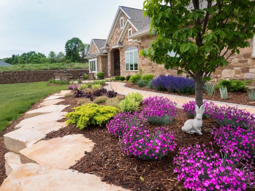 Front yard landscape with blooming hydrangeas and shrubs in West Bend, WI