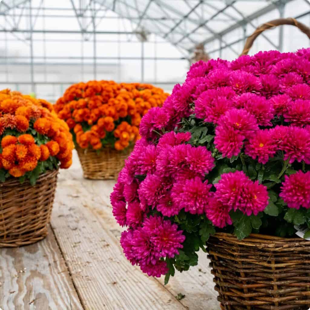 three large planters of flowers