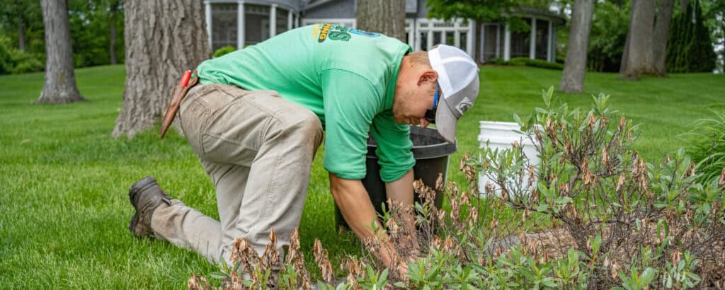 Crew performing lawn care with trimmer and safety gear in Oshkosh, WI