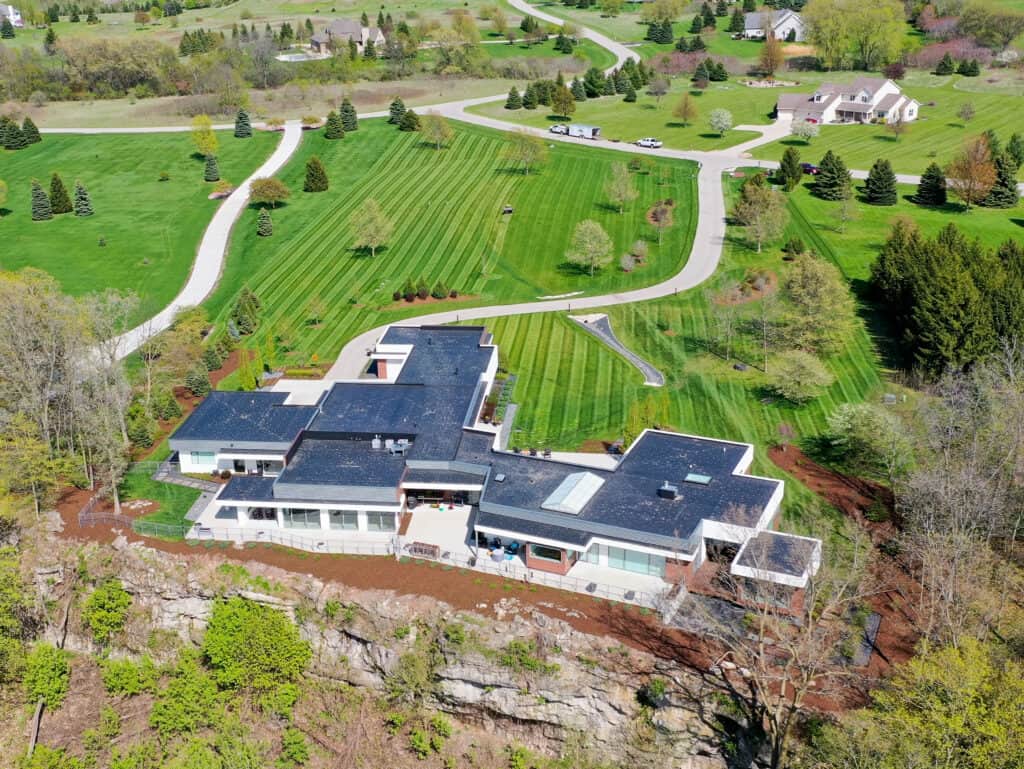 Aerial photo of large property with lawns, beds, and planting design in Fond du Lac, WI