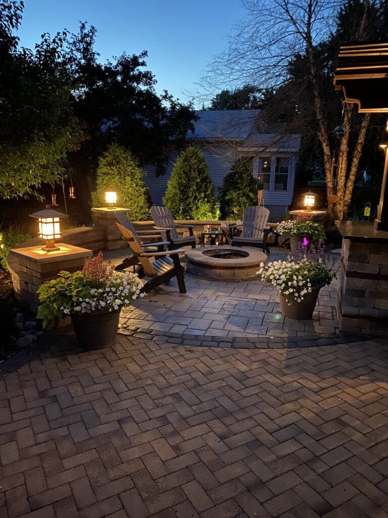 outdoor lighting downlights on limestone steps and garden edges in West Bend, WI