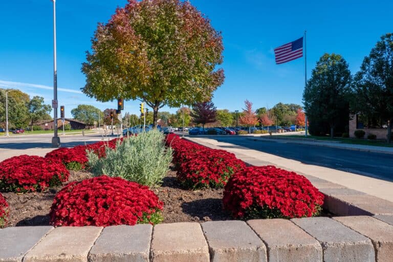 Parking lot with seasonal flower displays and clean edging in Fond du Lac County, WI