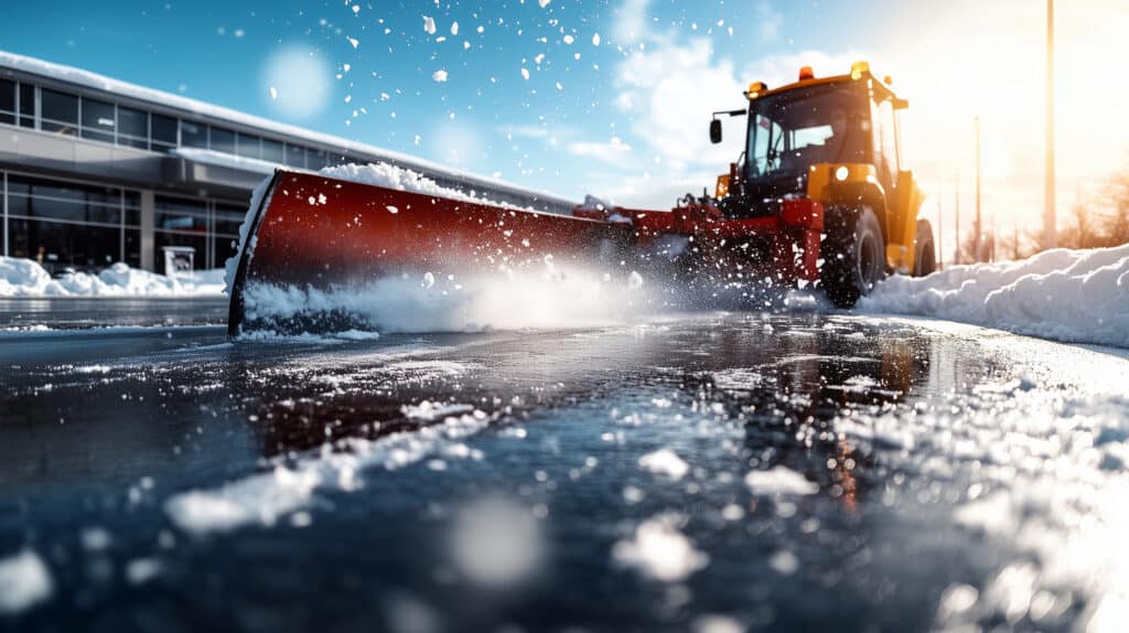 Salt truck spreading ice melt in commercial lot in Green Lake County, WI