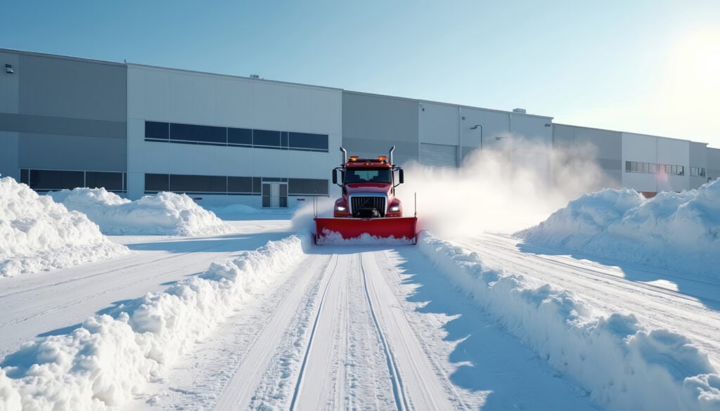 Commercial snow removal truck clearing parking lot after storm in Fond du Lac County, WI
